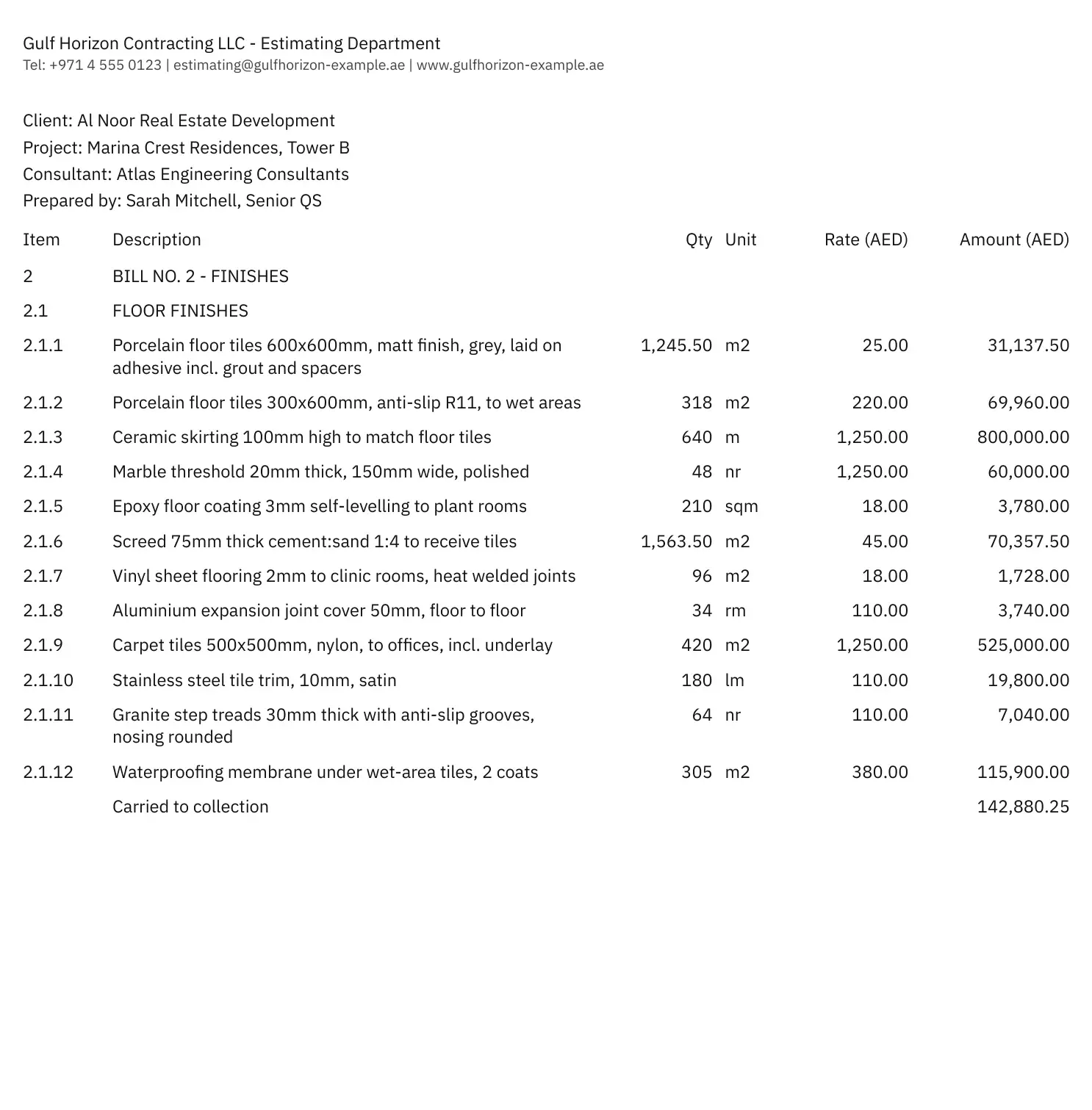 A sample BOQ page with the selected row highlighted